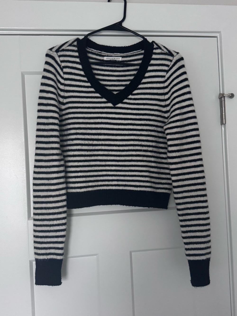 American Eagle Outfitters Black and White Striped V-Neck Sweater